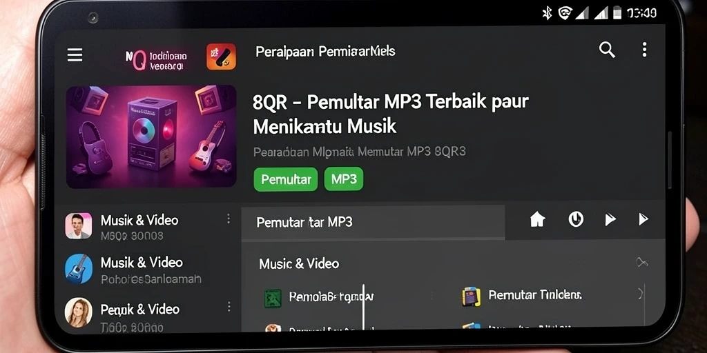 Antarmuka modern dan sederhana dari aplikasi Pemutar MP3 8QR.