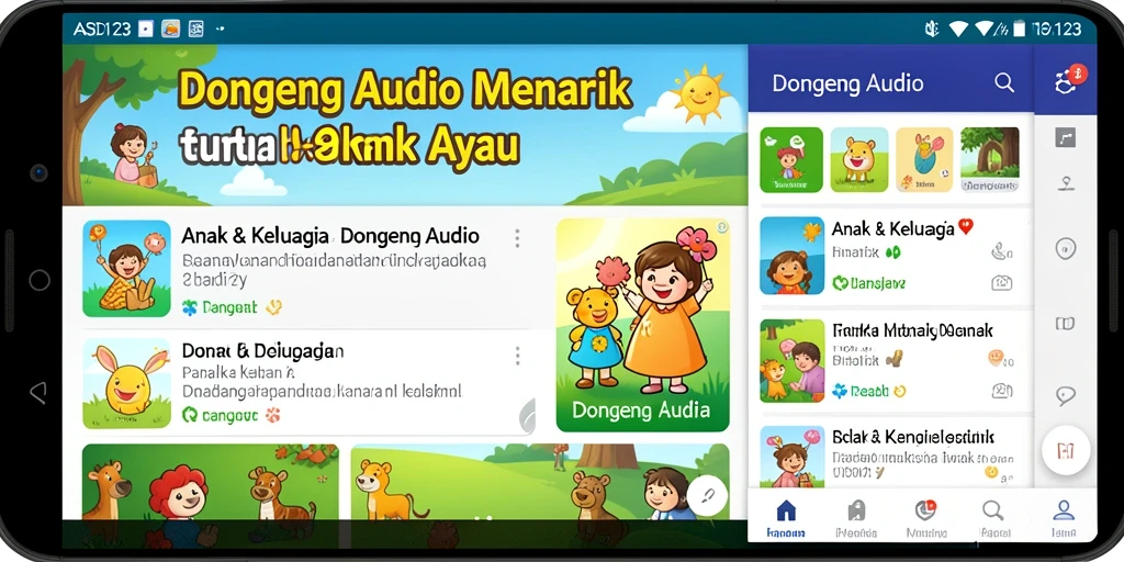 Tampilan antarmuka aplikasi ASD123 dengan pilihan dongeng audio.