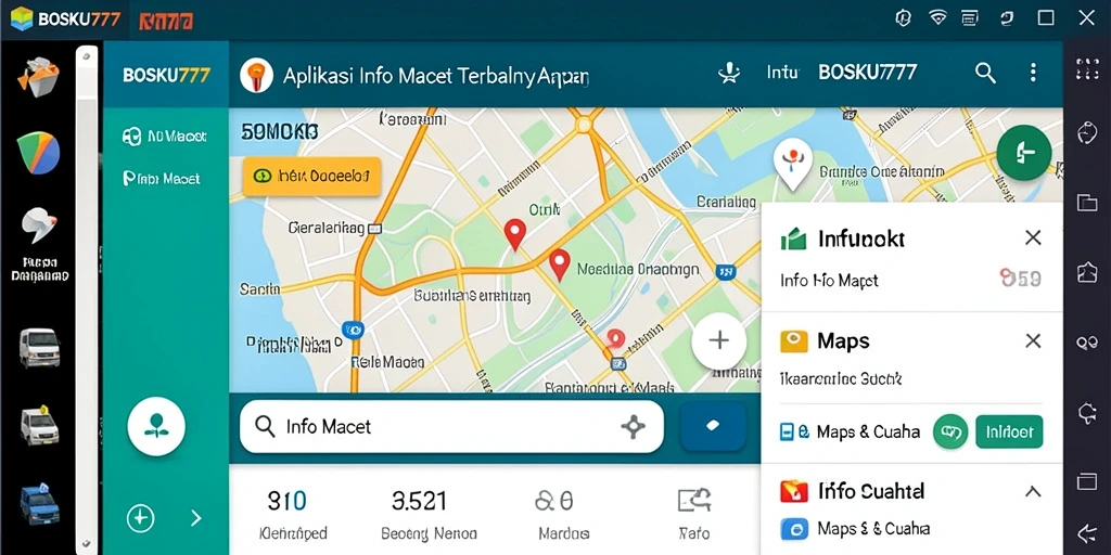 Tampilan antarmuka BOSKU777 dengan peta info macet dan rute alternatif.